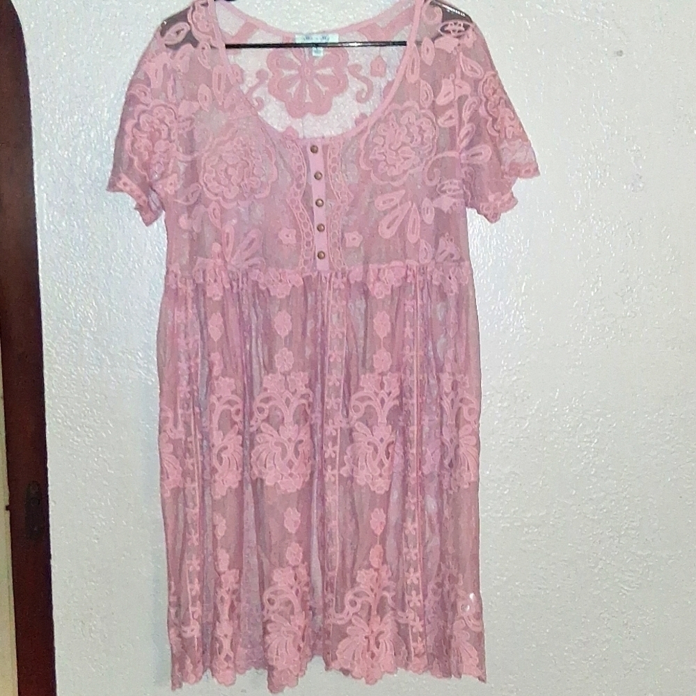 She + Sky pink Mesh lace Embroidered Floral Boho dress/swim Coverup L